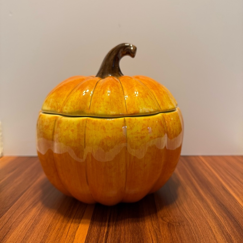 Tabletops Gallery Fall Harvest Pumpkin Serving Bowl | Hand Painted Ceramic